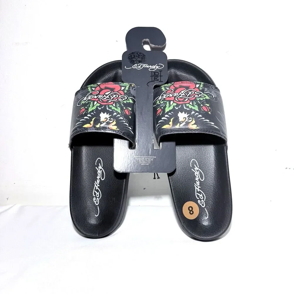 Ed Hardy Traditional Eagle Red Rose Tattoo Slides Sandal Men’s Size 8 NWT